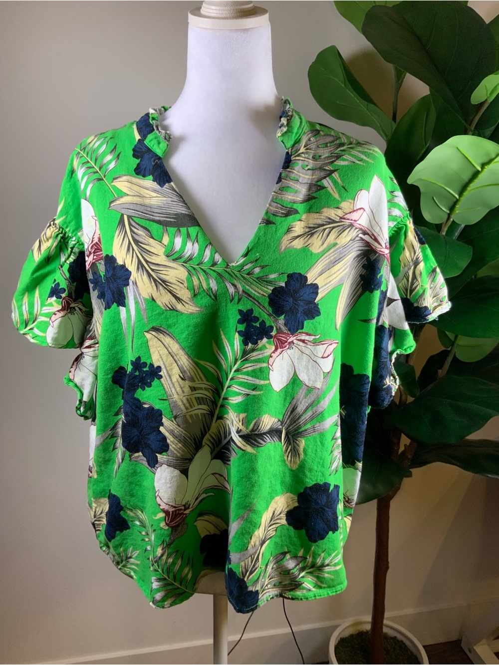 Marc New York Bright Green Tropical Floral V-Neck Blouse